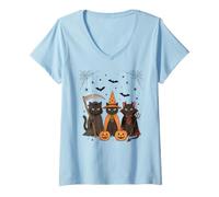 Femme Chat Noir d'halloween | Chat Effrayant, sorcière et Vampire T-Shirt avec Col en V