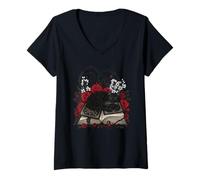 Femme Chat Noir endormi sur sorcières Grimoire avec des épines de Roses T-Shirt avec Col en V