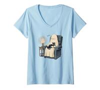 Femme Chat Noir et fantôme endormi : Chat Douillet T-Shirt avec Col en V
