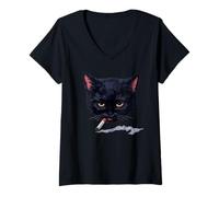 Femme Chat Noir Grincheux Y2K Vibe Retro T-Shirt avec Col en V