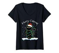 Femme Chat Noir Lumineux de Noël Merry Catmas Chat Portant Un Chapeau de Père Noël T-Shirt avec Col en V