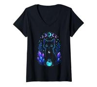 Femme Chat Noir Magique Enchanté Cosmique Halloween Vibe T-Shirt avec Col en V