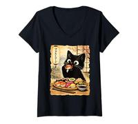 Femme Chat Noir Mangeant des sushis Kawaii Nourriture Japonaise Chats T-Shirt avec Col en V