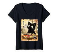 Femme Chat Noir Mangeant des sushis Kawaii Nourriture Japonaise Chats T-Shirt avec Col en V