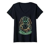 Femme Chat Noir Mystique Grimoire Sorcellerie Gothique T-Shirt avec Col en V