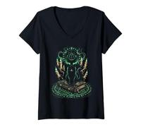 Femme Chat Noir Mystique Sorcellerie Occulte Runes Pentacle T-Shirt avec Col en V