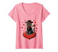 Femme Chat Noir Romantique Tenant des cœurs Roses Rouges pour la Saint-Valentin T-Shirt avec Col en V