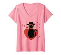 Femme Chat Noir Romantique Tenant des cœurs Roses Rouges pour la Saint-Valentin T-Shirt avec Col en V