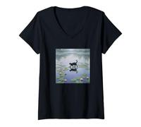 Femme Chat Noir sur Lily Pads Impressionnist Pond Art T-Shirt avec Col en V
