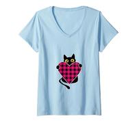 Femme Chat Noir Tenant Un cœur à Carreaux Rouges T-Shirt avec Col en V