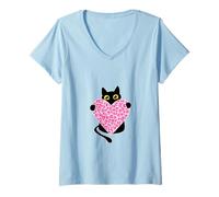 Femme Chat Noir Tenant Un cœur imprimé léopard Rose T-Shirt avec Col en V