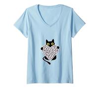 Femme Chat Noir Tenant Un cœur imprimé léopard Rose T-Shirt avec Col en V
