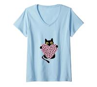Femme Chat Noir Tenant Un cœur imprimé léopard T-Shirt avec Col en V