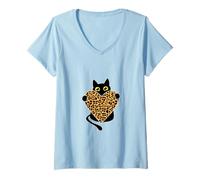 Femme Chat Noir Tenant Un cœur imprimé léopard T-Shirt avec Col en V