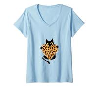 Femme Chat Noir Tenant Un cœur imprimé léopard T-Shirt avec Col en V