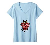 Femme Chat Noir Tenant Un Motif cœur écossais Rouge T-Shirt avec Col en V