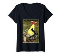 Femme Chat Noir UkiyoE et Abduction par Un OVNI T-Shirt avec Col en V