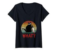 Femme Chat Noir Vintage What? Chat meurtrier avec Couteau T-Shirt avec Col en V