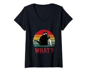 Femme Chat Noir Vintage What? Chat meurtrier avec Couteau T-Shirt avec Col en V