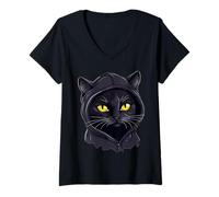 Femme Chat Noir Yeux Jaunes Chat Heureux Chats T-Shirt avec Col en V