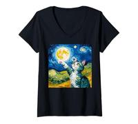 Femme Chat Nuit étoilée, Chat Van Gogh, Amoureux des Chats, Maman de Chat, Papa Chat T-Shirt avec Col en V