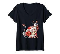 Femme Chat Origami Chats Fleurs de Cerisier Japonais Japon T-Shirt avec Col en V
