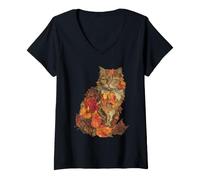 Femme Chat Persan avec Feuilles d'automne Art Animal esthétique Automne T-Shirt avec Col en V