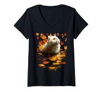 Femme Chat Persan Blanc Confortable Feuilles d'automne forêt Automne esthétique T-Shirt avec Col en V
