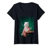 Femme Chat Persan fumant Vintage Portrait Art T-Shirt avec Col en V