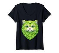 Femme Chat Persan Mignon avec trèfles Trèfles Art St Patrick T-Shirt avec Col en V