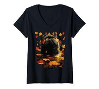 Femme Chat Persan Noir Confortable Feuilles d'automne forêt Automne esthétique T-Shirt avec Col en V