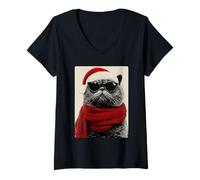 Femme Chat Persan Père Noël avec Lunettes de Soleil Hiver T-Shirt avec Col en V