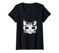Femme Chat Portant des Lunettes d'éclipse Solaire Chat T-Shirt avec Col en V