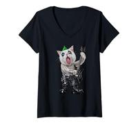 Femme Chat punk rock avec guitare électrique T-Shirt avec Col en V