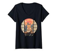 Femme Chat Ramen de Tokyo T-Shirt avec Col en V