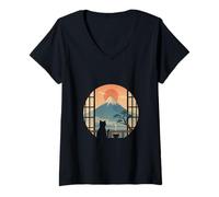 Femme Chat regardant Le Lever du Soleil sur Le Mont Fuji, Japon paisible T-Shirt avec Col en V