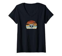 Femme Chat rétro décontracté avec Lunettes de Soleil Chat Hipster T-Shirt avec Col en V