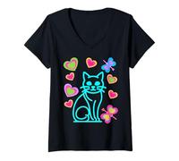 Femme Chat rétro des années 80 - Pour filles et garçons - Papillon - Cœurs T-Shirt avec Col en V