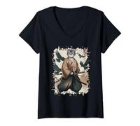 Femme Chat Samouraï 狭義 Japonais avec Corbeaux Art Katana Animal T-Shirt avec Col en V