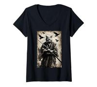 Femme Chat samouraï avec Katana dans Un Dessin animé Guerrier Japonais à l'encre T-Shirt avec Col en V