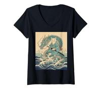 Femme Chat samouraï chevauchant Le Dragon Grande Vague Ukiyo-e Art Japonais T-Shirt avec Col en V