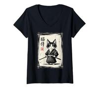Femme Chat samouraï Japonais Sumi-e Kawaii Tuxedo Cat Warrior Art T-Shirt avec Col en V