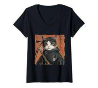 Femme Chat Samouraï Japonais Ukiyo-e Warrior Art Japon Vintage T-Shirt avec Col en V