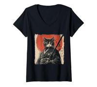 Femme Chat Samouraï Japonais Ukiyo-e Warrior Art Japon Vintage T-Shirt avec Col en V