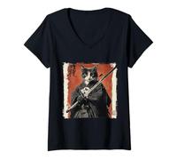 Femme Chat Samouraï Japonais Ukiyo-e Warrior Art Japon Vintage T-Shirt avec Col en V