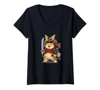 Femme Chat samouraï mignon chaton guerrier japonais T-Shirt avec Col en V