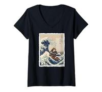 Femme Chat Samouraï Surf La Grande Vague Off Kanagawa Ukiyo-e Art T-Shirt avec Col en V