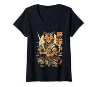 Femme Chat Samouraï Warrior Rétro Vintage Japonais Feline Bushido T-Shirt avec Col en V