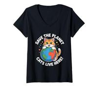 Femme Chat Save The Planet Nature Earth Kitty Eco Sensibilisation au Climat T-Shirt avec Col en V