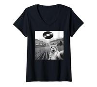Femme Chat Selfie UFO Beam Vinyl Record Alien Abduction Scène T-Shirt avec Col en V